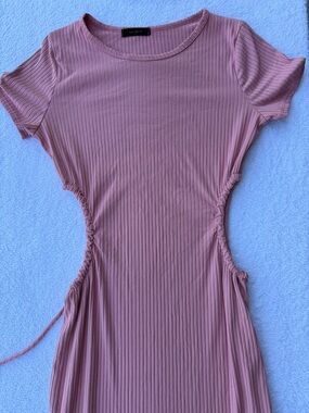 Ribbed Drawstring Midi Dress - Mauve Pink